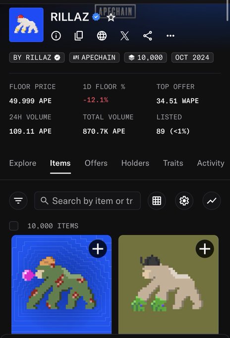 A dark-themed NFT marketplace interface displays a collection named 'RILLAZ' on ApeChain, showing a floor price of 49.999 APE and two pixel-art ape items.