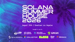 The image is a promotional graphic for "Solana Summer House 2026," an event scheduled for August 29th at Easton in Los Angeles. It features a vibrant purple and pink gradient background with palm tree silhouettes and includes logos of associated partners such as Solana, Dune, Gnhn, Brave Robotics, Colliderct, and Meteora. The accompanying post confirms the poster is being shared by a DJ performing at the Solana Summer House '26 event in LA.