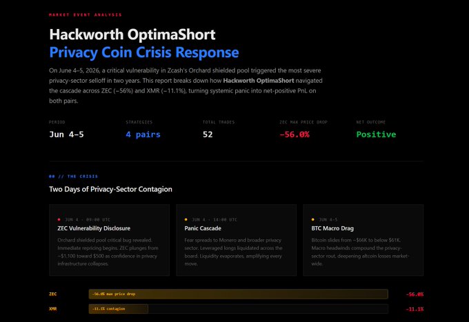 Focus on a website called HackworthOptimaShort that features information about a Crypto Coin Crisis Response and two days of privacy policy violations by a company named AlphaNet. The screenshot shows a close-up view of the content displayed on the page, including statistics and descriptions related to the Crypto Coin Crisis Response and the violations committed by AlphaNet.