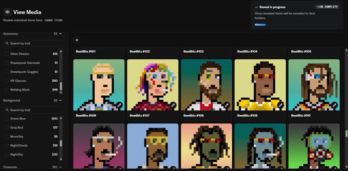 A 'View Media' interface showing a collection of pixel-art character portraits labeled 'BadBitx #101' through '#110', featuring various characters with different hairstyles, accessories, and background colors in a grid layout.