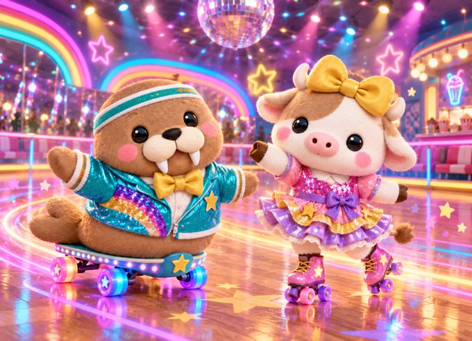 Two plush characters, a walrus and a cow, wear colorful sparkly outfits and roller skates in a vibrant disco-themed setting with a disco ball and neon lights.