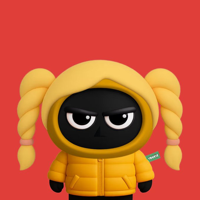 A 3D-rendered character with pigtails wearing a yellow puffy jacket against a red background, featuring a 'YOUKE' label on the jacket.