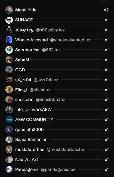 The image displays a list of minters for the "Plume" NFT collection on the Objkt platform, showing usernames with their mint counts (mostly x1, with Metallride having x2), thanking the community members—including SUNAGE, Vibeke Alvestad, Elias_t, and AEW COMMUNITY—who participated in the OE (Open Edition) mint.