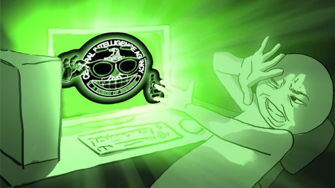 An animated image with a green color filter showing a sinister character at a computer with a glowing, grinning troll face emerging from the monitor.