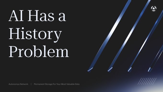 A dark-themed graphic for Autonomys Network with the headline 'AI Has a History Problem' and the tagline 'Permanent Storage For Your Most Valuable Data,' featuring blue diagonal claw-like scratch marks.