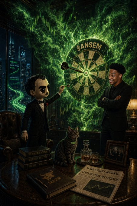 A stylized illustration shows a cartoonish figure with a dollar sign on his head throwing a dart at a glowing green "ANSEM"-branded dartboard, while a smiling man in a suit watches approvingly beside a whiskey glass and a tabby cat. The scene is set in a dimly lit study featuring a Wall Street Journal headline reading "AI WORLD'S AUTHORITATIVE ACCELERATES," books labeled "Market Wizards," and cityscape views of AI boom charts in the background—visually reinforcing the post's bullish message that AI-driven market gains are inevitable and that $ANSEM is positioned to benefit from the surge.