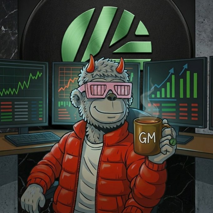 Cartoon image of a gray monkey wearing a red puffer jacket, pink shutter shades, and red devil horns, holding a steaming mug labeled 'GM' with stock charts on monitors behind it.