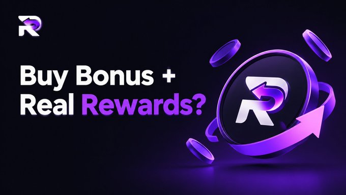 A dark promotional graphic with purple 3D coin imagery and an arrow asks, "Buy Bonus + Real Rewards?"
