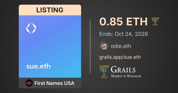 An NFT marketplace listing showing 'sue.eth' for sale at 0.85 ETH on Grails Market, ending Oct 24, 2026, listed by odie.eth under First Names USA.