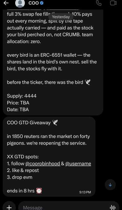 A Telegram screenshot from a "COO" account describing an ERC-6551 wallet project, noting "Supply: 4444" and announcing a giveaway with steps to follow @coorobinhood, like & repost, and drop EVM.