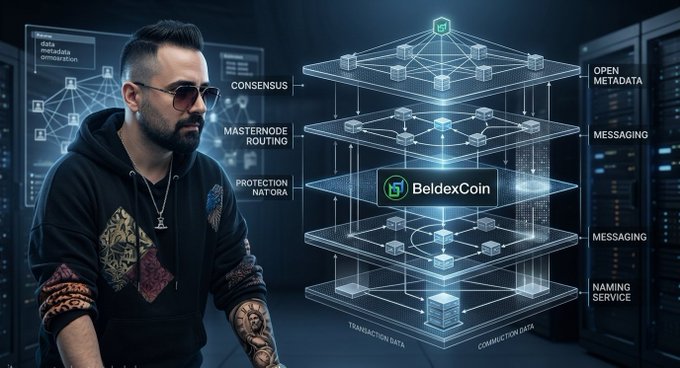 A promotional graphic for 'BeldexCoin' showing a man in sunglasses next to a 3D layered network diagram displaying features like 'CONSENSUS', 'MASTERNODE ROUTING', 'MESSAGING', and 'NAMING SERVICE'.