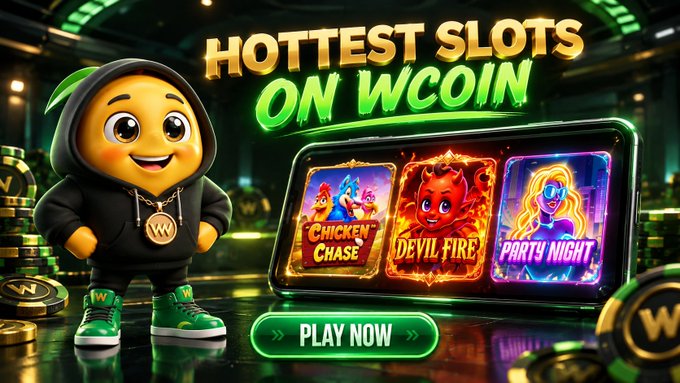 A cartoon mascot in a black hoodie stands next to a smartphone displaying three slot games—Chicken Chase, Devil Fire, and Party Night—under the headline "HOTTEST SLOTS ON WCOIN," with a green "PLAY NOW" button below, promoting Wcoin's featured slot lineup.