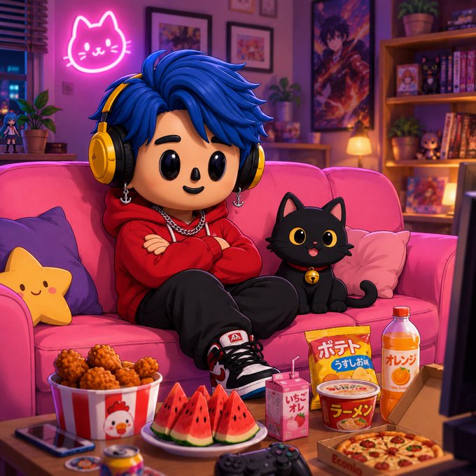 A vibrant anime-style illustration of a blue-haired character with yellow headphones sitting on a pink couch next to a black cat, surrounded by snacks including fried chicken, watermelon, ramen, pizza, and Japanese juice boxes, in a neon-lit room.