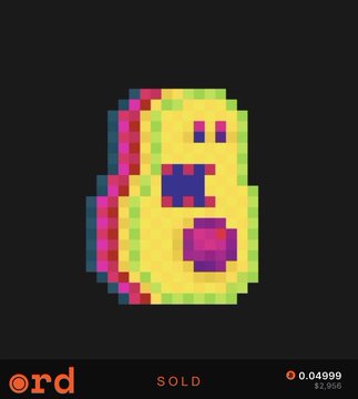The image features a digital art piece that appears as an avocado, complete with a bite taken out of it. It is colored in bright colors, making it stand out against the black background. The caption reads "SOLD", indicating that this artwork has been bought or sold for money.