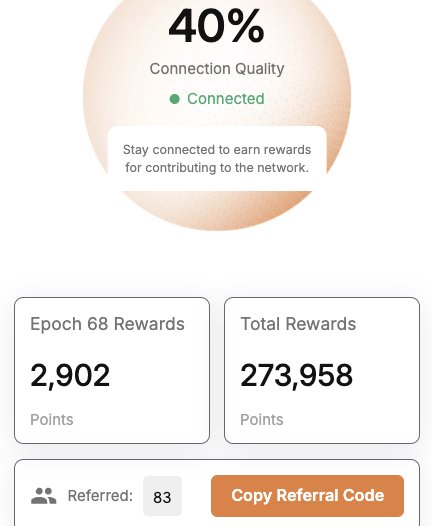 A rewards dashboard showing '40% Connection Quality' as Connected, with 2,902 Epoch 68 Rewards points, 273,958 Total Rewards points, and 83 referrals.