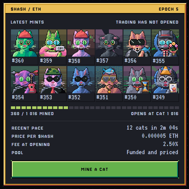 The image displays the HashCats minting page showing "SHASH / ETH" at "EPOCH 5" with the latest 12 minted pixel-art cats (#349-#360) from a total of 360/1,016 mined, and a green "MINE A CAT" button. The page confirms the post's information, displaying "TRADING HAS NOT OPENED" and "OPENS AT CAT 1 016," with a price of 0.000005 ETH per shash and a 2.50% fee at opening.