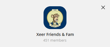 A community page titled 'Xeer Friends & Fam' with 451 members, featuring a cartoon mouse character wearing a hat.