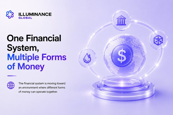 A promotional graphic by Illuminance Global featuring the headline "One Financial System, Multiple Forms of Money" alongside an illustration of a dollar-sign globe orbited by icons representing banks, finance, and currency, visually reinforcing the post's message about the convergence of traditional and tokenized monetary forms within a unified financial system.