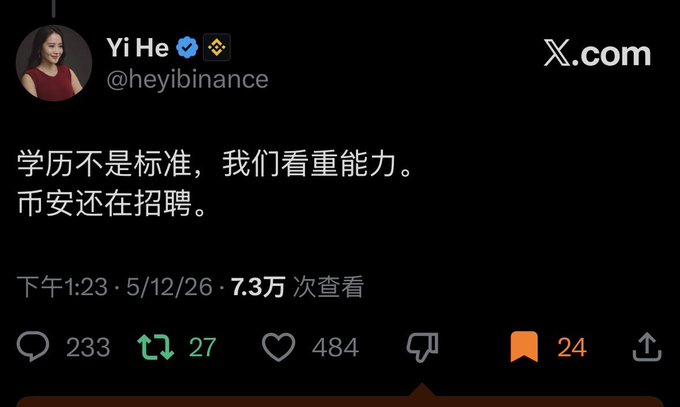 A screenshot of a tweet from Yi He (@heyibinance), Binance's co-founder, dated May 12, 2026, stating in Chinese "学历不是标准，我们看重能力。币安还在招聘" (Education is not the standard; we value ability. Binance is still hiring). The post, which received 484 likes and 24 bookmarks, accompanies a Binance Accelerator Program job listing in Hong Kong for a Marketing/Lifecycle Operations internship, reinforcing Yi He's message that Binance prioritizes capability over formal credentials.