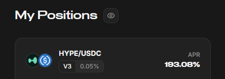 A "My Positions" dashboard displays a HYPE/USDC V3 liquidity position with a fee tier of 0.05% earning an APR of 193.08%. This aligns with the post about the user's $HYPE LP position, where they're debating whether their range was too narrow given the token's high volatility and double-digit daily price swings.