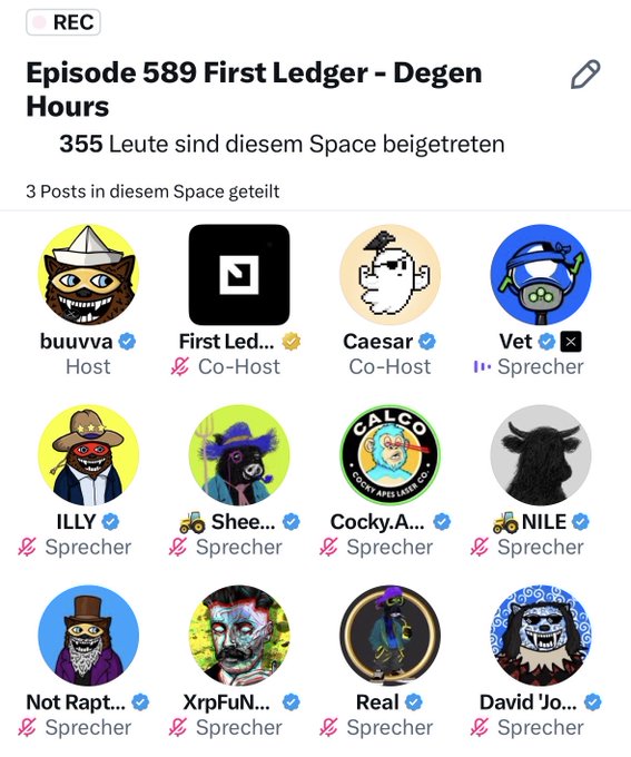 The image shows a list of various social media handles or usernames, including @XRPLF, @JoelKatz, and @DavidJoel. The post mentions that they had their space and space beige, which is likely related to the topic of the post. The post also includes a caption about the first ledger hours, possibly indicating when the post was shared or posted.