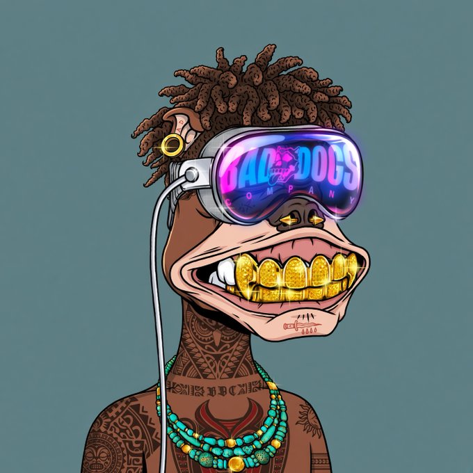 A stylized digital illustration of a character with dreadlocks, wearing a VR headset labeled 'GALADOGS COMPANY', sporting gold teeth, a nose ring, and tribal tattoos against a teal background.