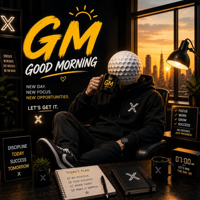 A person wearing a black hoodie and a golf-ball helmet sits at a desk sipping from a "GM" mug, surrounded by motivational signs like "DISCIPLINE TODAY SUCCESS TOMORROW," "FOCUS ✓ WORK ✓ GROW ✓ SUCCEED," and a notepad listing "TODAY'S PLAN: BE POSITIVE, STAY FOCUSED, WORK HARD, MAKE IT HAPPEN," with "07:00 AM" displayed and a sunrise cityscape in the background. The image visually reinforces the post's message of seizing a new day with focus and discipline.