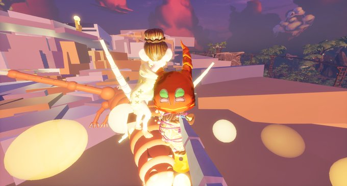 A screenshot from a video game showing a character riding a large orange insect-like creature with green eyes across floating platforms.
