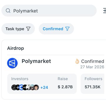 A search results page showing a 'Polymarket' airdrop marked as 'Confirmed' for 27 Mar 2026, with $2.87B raised and 571.35K followers.