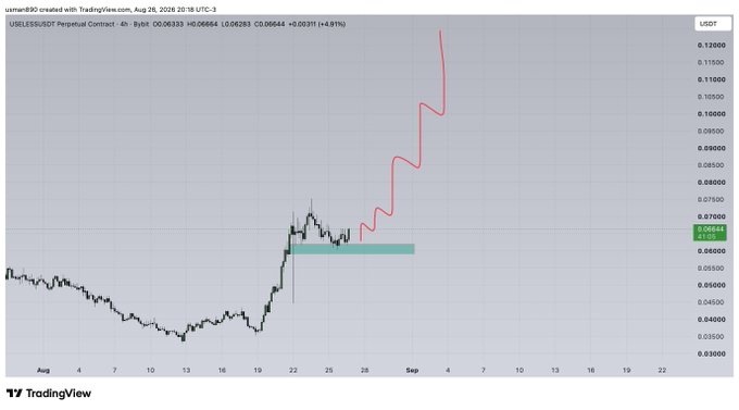 The chart displays the USELESS/USDT perpetual contract on a 4-hour timeframe, currently priced at $0.06644 with a +1.05% change, showing a significant uptrend from around $0.04 in mid-August to its current levels near $0.066. The image illustrates the sharp price appreciation referenced in the "$USELESS" post, with a red line highlighting the recent parabolic rally and a green demand zone marked around $0.055-0.060.