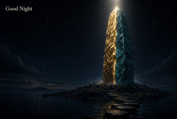 A cinematic nighttime scene showing a tall, glowing monolith standing on a rocky outcrop by the sea, with the text 'Good Night' in the upper left corner.