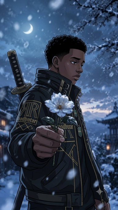 An anime-style illustration of a young Black man with curly hair holding a white flower and a katana, wearing a black jacket with 'RR' and 'Badbutari' text, set in a snowy nighttime scene.