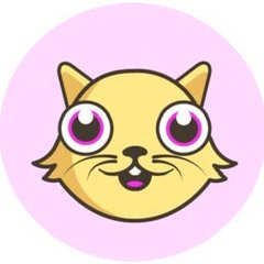 A cute cartoon illustration of an orange cat's face with big pink eyes and a small smile on a pink circular background.