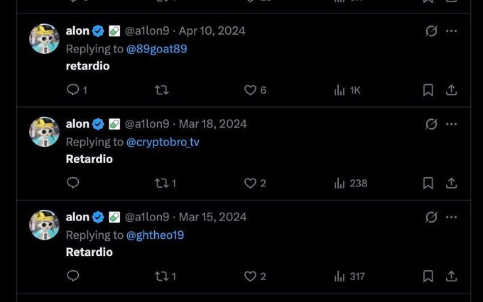 Three Twitter replies from user 'alon' (@a11on9) all containing the word 'retardio' shown in dark mode with engagement metrics visible.