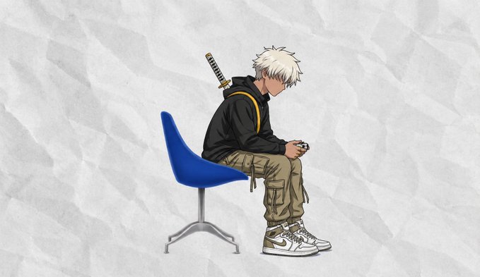 Anime-style illustration of a white-haired character sitting on a blue chair looking at a phone, with a sword on their back.