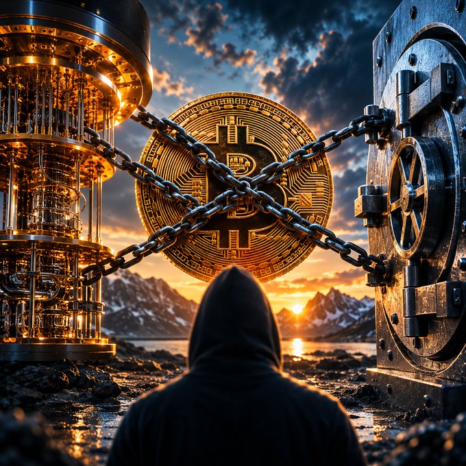A hooded figure stands before a giant Bitcoin coin chained between an exposed quantum computer and a massive vault against a dramatic sunset, symbolizing the tension between technological vulnerability and cryptographic security raised by CZ's call to freeze Satoshi's estimated 1.1M BTC (~$68B) ahead of potential quantum threats.