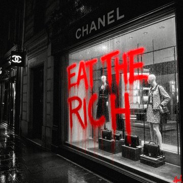 A black-and-white photograph of a Chanel storefront with mannequins in the window display, featuring bold red spray-painted graffiti reading 'EAT THE RICH' dripping down the glass.