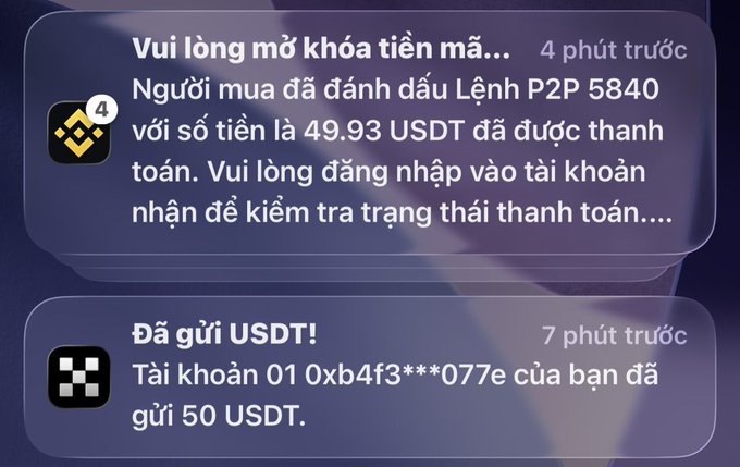 A screenshot of two Binance notifications in Vietnamese showing a successful P2P order #5840 payment of 49.93 USDT and a sent transaction of 50 USDT to account 0xb4f3***077e, which the poster references as an infrequent P2P trade payout ("đớp được tí" — getting a small bite) they're satisfied with while waiting to be paid.