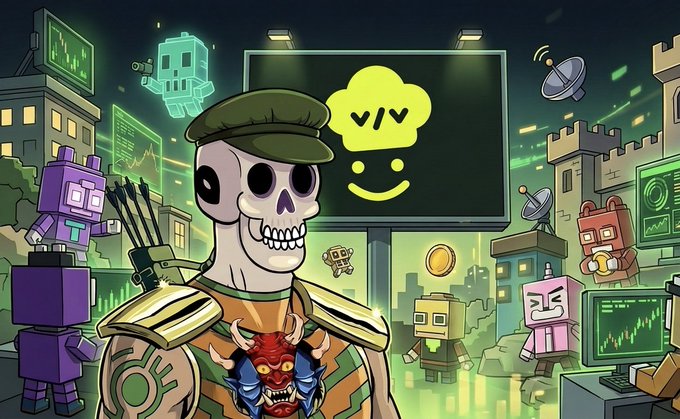 A stylized cartoon scene features a skull-headed character in a green military cap as the central figure, surrounded by various robot characters, with a large billboard displaying the "V/V" Vibe logo (a smiling face on a cloud) in the background amid a neon-lit cyberpunk cityscape. The "v/v" branding and digital, futuristic aesthetic visually represent the Vibe project's tech-forward identity and its connection to AI, aligning with the post's announcement of an upcoming NFT collection featuring RWA models and tokenized AI stocks.