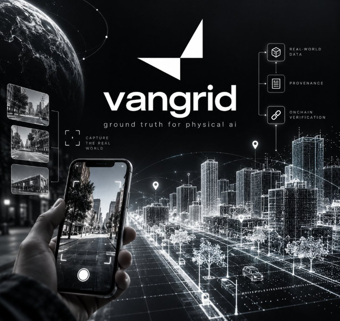 A promotional graphic for 'vangrid' with the tagline 'ground truth for physical ai,' showing a smartphone capturing real-world data alongside a digital city model and features like 'REAL-WORLD DATA,' 'PROVENANCE,' and 'ONCHAIN VERIFICATION.'
