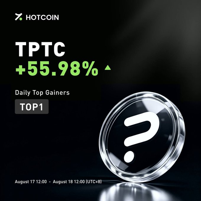 A Hotcoin promotional graphic highlights TPTC as the #1 Daily Top Gainer with a +55.98% surge between August 17 and August 18 (UTC+8), featuring the platform's logo and a large glass coin displaying a question mark to symbolize uncertainty about the token's future momentum.