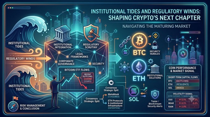 A complex infographic titled 'INSTITUTIONAL TIDES AND REGULATORY WINDS: SHAPING CRYPTO'S NEXT CHAPTER - NAVIGATING THE MATURING MARKET' featuring icons for BTC, ETH, and SOL, along with sections on regulatory scrutiny and institutional solutions.