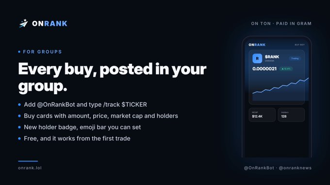 Promotional banner for 'ONRANK' on TON blockchain advertising group buy tracking features with onrank.lol.
