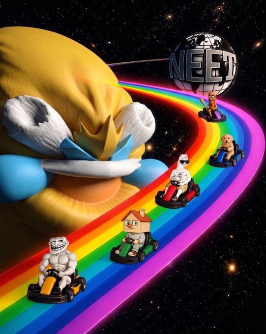 The image features a cartoon-style scene with a group of toy cars, including a yellow car, driving down a rainbow-colored track. The cars are moving towards the bottom right corner of the frame. In the background, there's a large globe that says "Need" on it. The caption at the bottom reads "gm @Pumpfun we fixed it for you."
