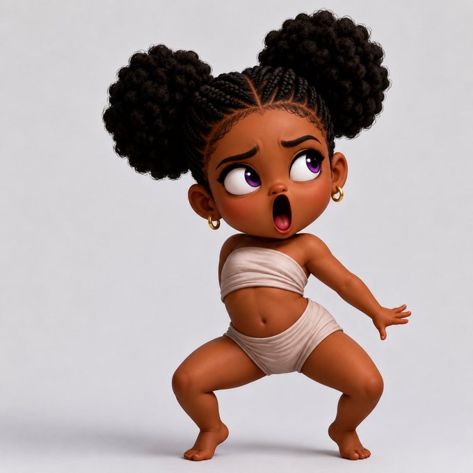 A 3D-rendered cartoon illustration of a young Black girl with two large afro puffs, wearing a beige two-piece outfit and small hoop earrings, with a surprised expression.