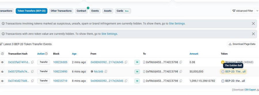 A BscScan page displays the latest 3 BEP-20 token transfer events for "The Golden Bull" (WBNB) token, showing transactions like a Transfer of 0.08 WBNB (2 mins ago) and large transfers of 50,000,000 and 1,099,115.29613782 tokens between addresses ending in 77AEC5798. The image appears to show a new token launching on BNB Chain, possibly connecting to the post's mention of a coin being the "first in the entire network to give to retail investors" through vault allocations and lottery-style distributions.