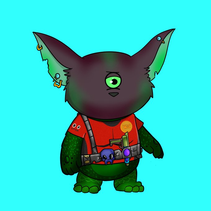 A cartoon illustration of a small black creature with large green-tipped ears, a single green eye, and a red vest with a utility belt, set against a bright cyan background.