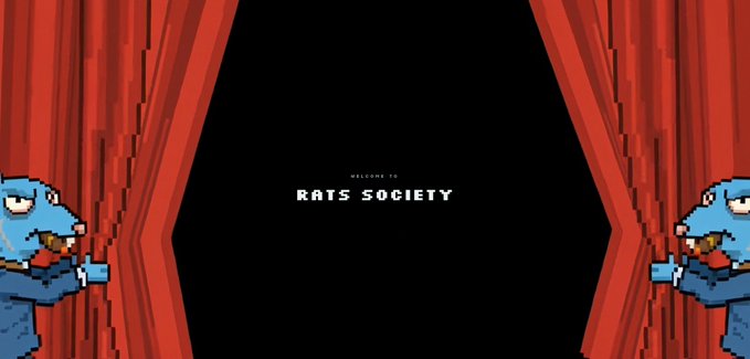 A pixel art animation screen titled 'WELCOME TO RATS SOCIETY' with two blue rats in suits holding guns, standing on either side of red curtains being pulled open.