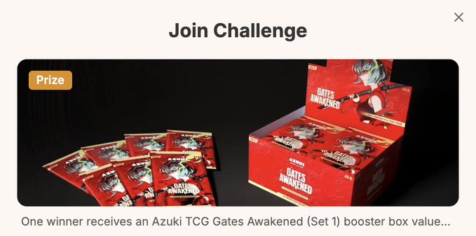 A "Join Challenge" popup displays a prize image of an Azuki TCG "DATES AWAKENED" booster box and card packs, with text stating one winner will receive the booster box. The minimalist "Oh" post appears to be a casual reaction to the giveaway opportunity.