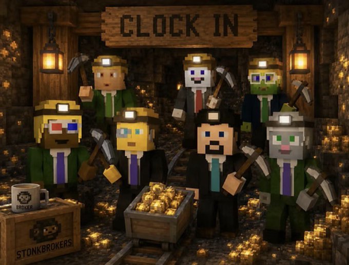 A Minecraft-style illustration titled 'CLOCK IN' showing eight blocky miner characters in suits with headlamps and pickaxes standing in a gold-filled cave, with a cart of gold nuggets and boxes labeled 'STONKBROKERS' in the foreground.